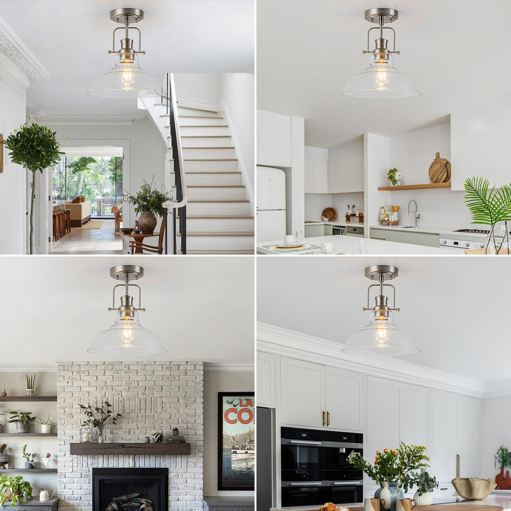 Semi Flush Mount Ceiling Light Fixture, Brushed Nickel Farmhouse Light Fixtures with Clear Glass Shade, Modern
