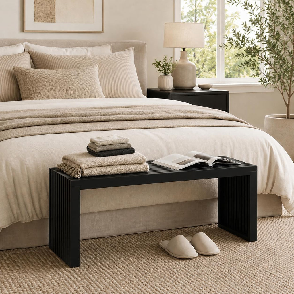 Bamboo Dining Bench, 35'' Slatted Design Entryway Bench, Black