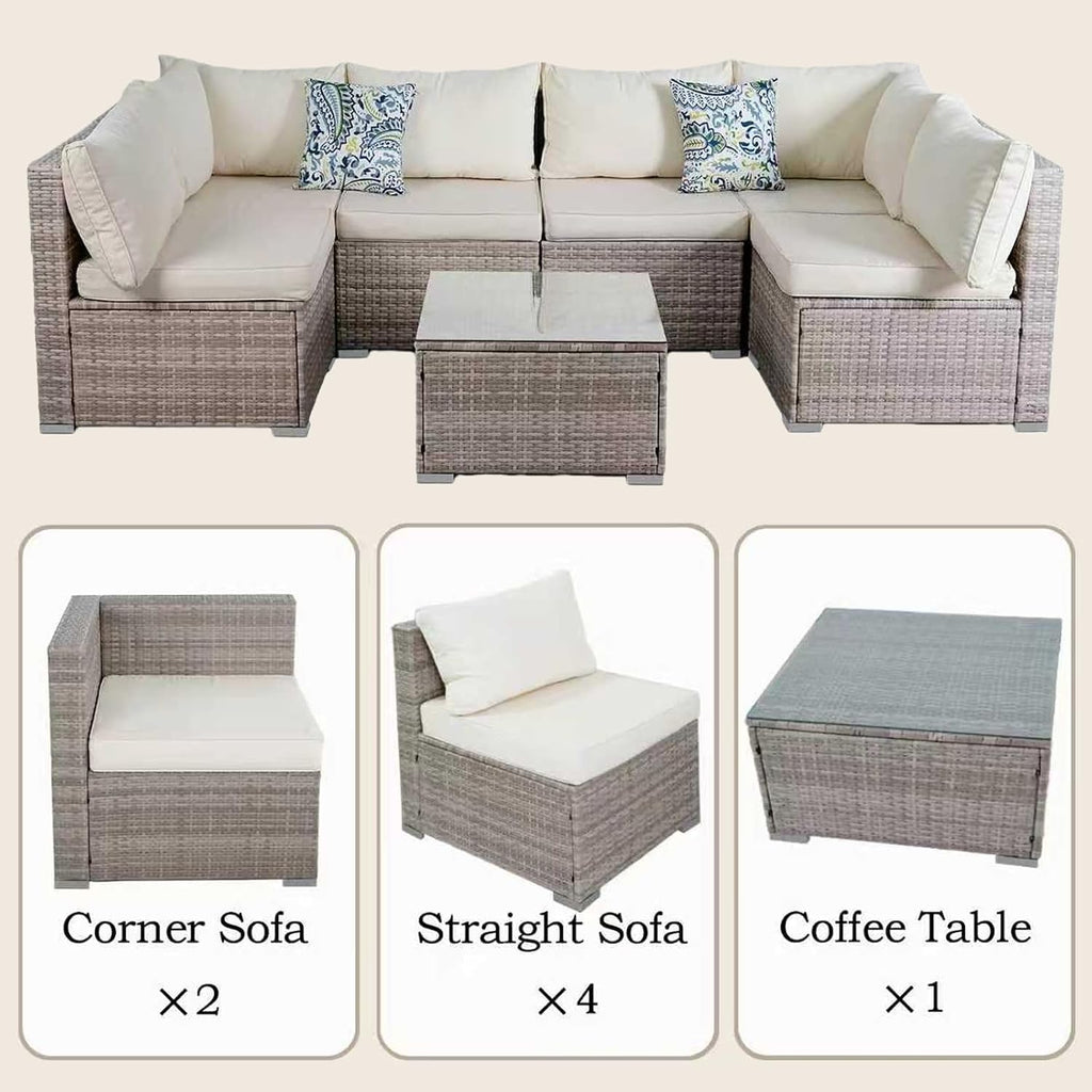 7 Piece Outdoor Patio Sectional Sofa Set, All-Weather Wicker Patio Furniture Set, with Tempered Glass Table and