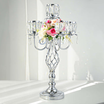 23.2 inch Tall Elegant and Chic 5 Arm Pendant Crystal Candlestick Holder Table Decoration tealight Candle Holder