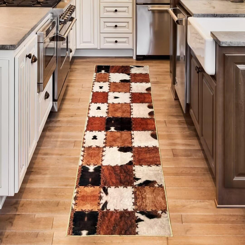 Cowhide Rug Cow Print Rug Western Rugs Brown Runner Rug 2x6,Farmhouse Vintage Throw Accent Area Rug Non Slip Washable