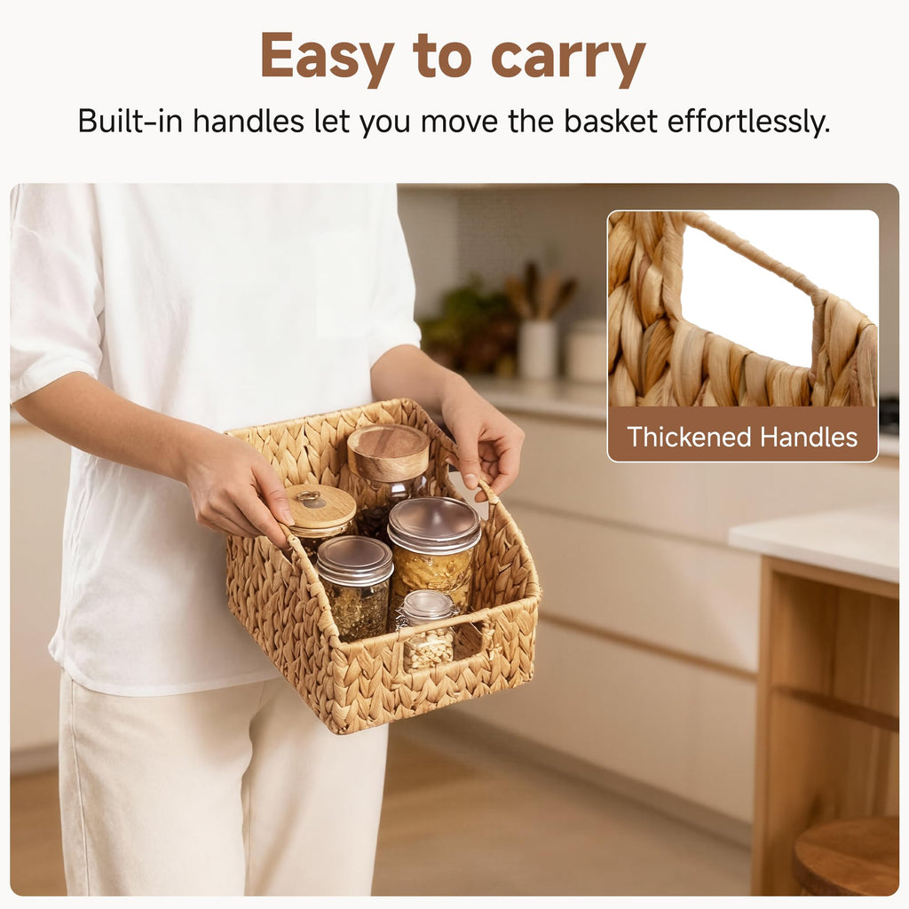 Pantry Baskets for Organizing, Wicker Basket with Built-in Handles, Handwoven Wicker Storage Baskets, Water Hyacinth