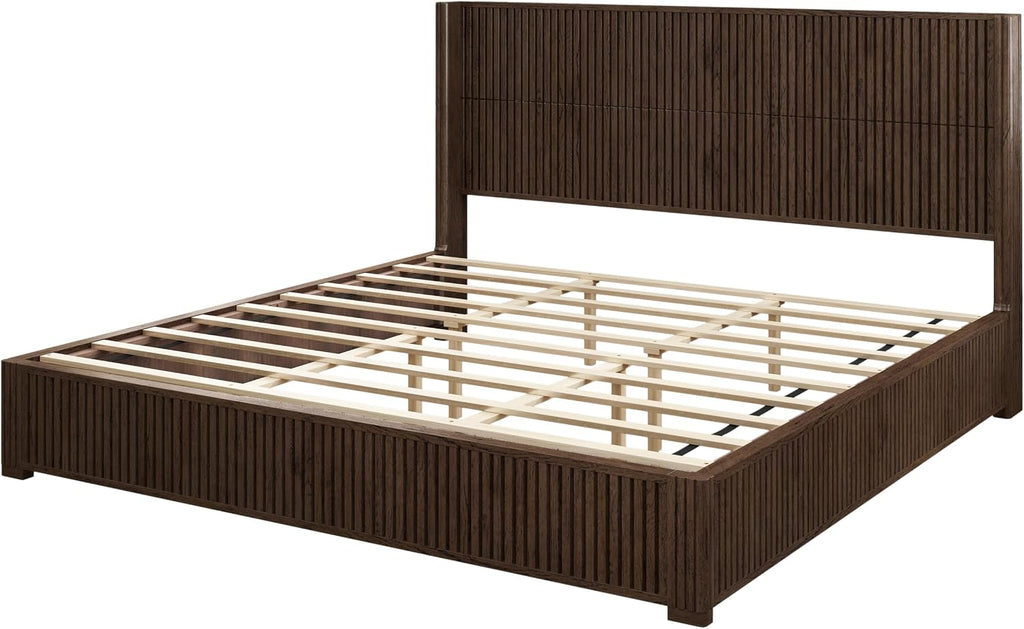 Solid Wood Platform Bed Frame with wingback Headboard, Wood Platform Bed Frame Low Profile with 80.04"
