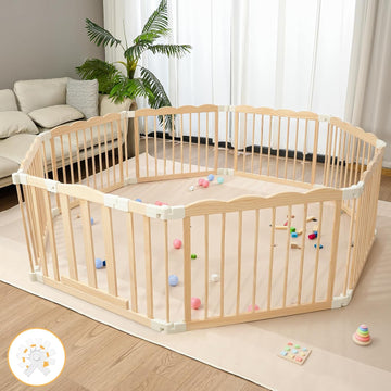Wooden Baby Playpen 69x69 Inch Foldable Toddler Fence with Safety Lock | Extra Large Natural Wood Foldable Baby