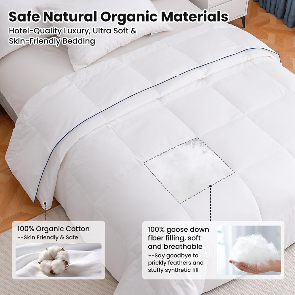 Lightweight Goose Down Fiber Comforter Queen Size, Breathable Summer Duvet Insert, Fluffy Down Blanket for Hot