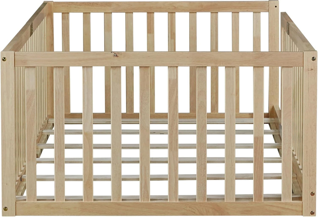 Floor Bed for Kids, Floor Bed with High Fence and Slats, Wooden Montessori Beds for Kids, Natural