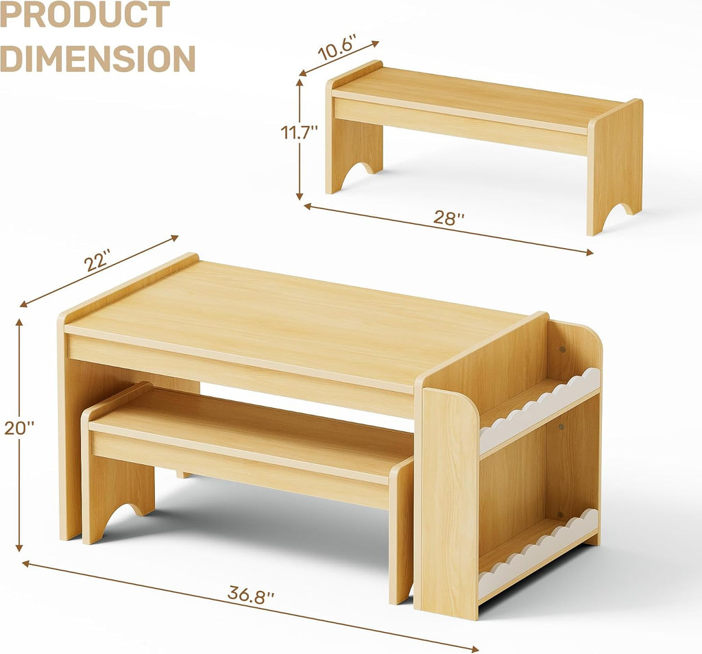 Montessori Kids Table and Bench Set, Kids Table and Chairs Set, Indoor Kid Craft Tables with Storage, Toddler Desk