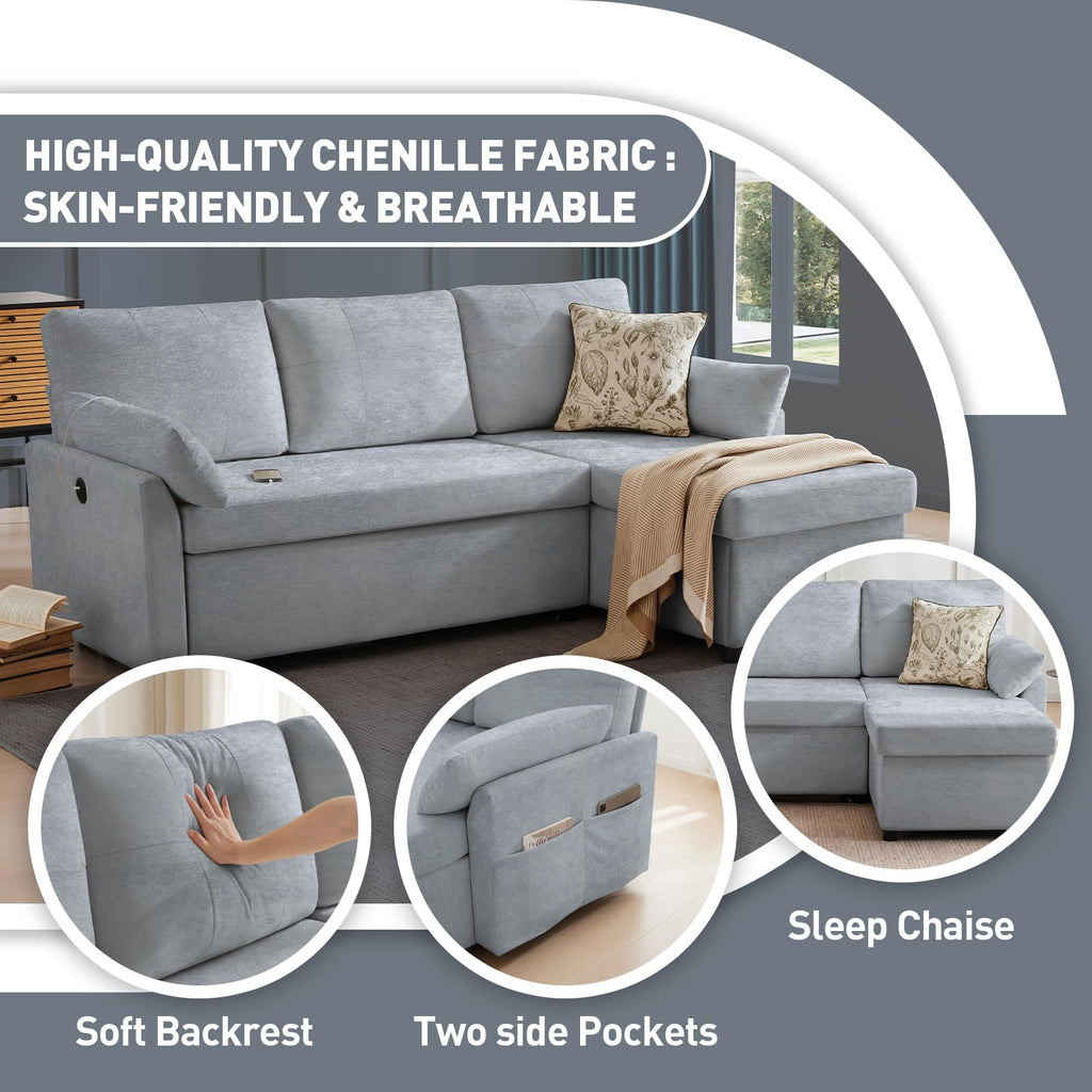 85" L Shaped Sectional Sofa Couch, Pull Out Couch Sleeper Sofa Bed, Soft Chenille Deep Seat Sofa, Reversible Chaise
