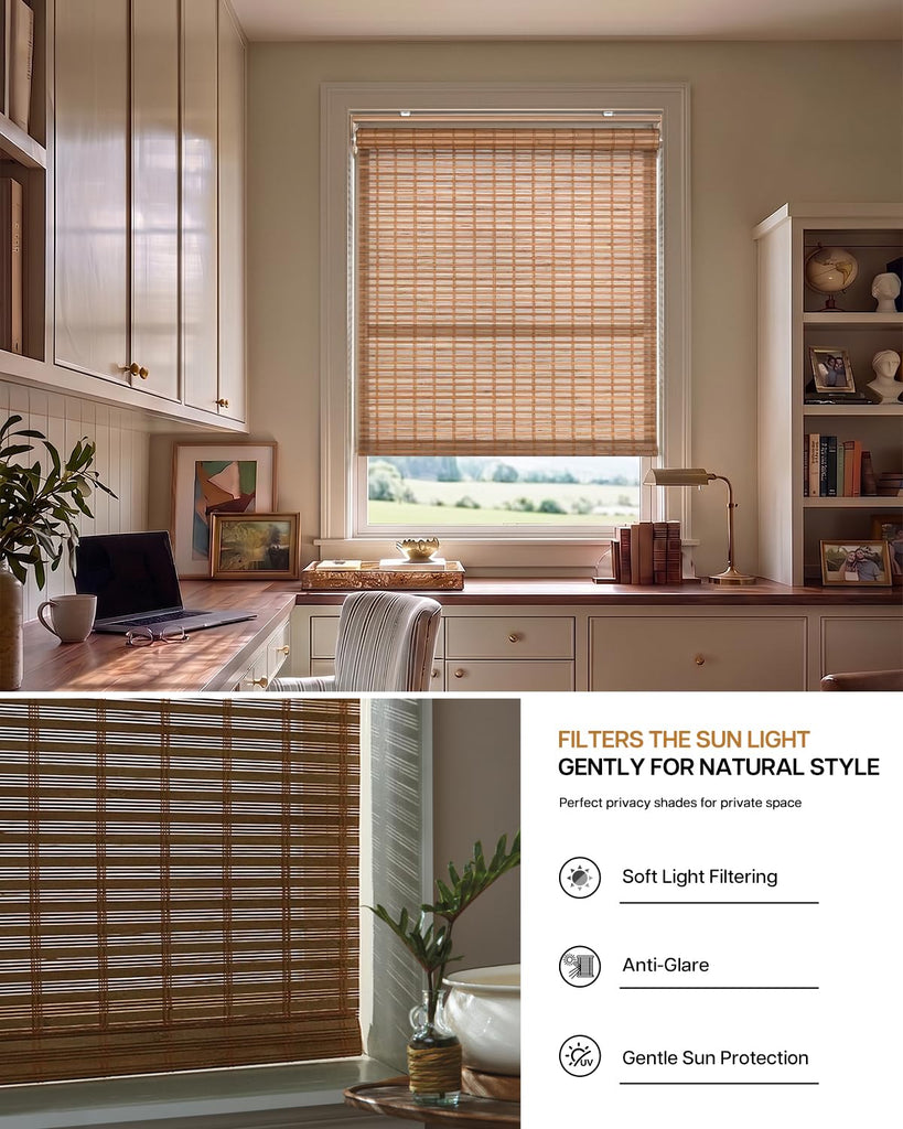 Cordless Bamboo Roller Shades, 29" W x 70" H, Squirrel