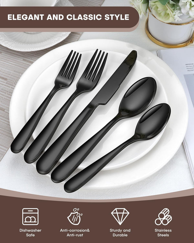 30 Pieces Black Silverware Set for 6, Heavy Duty Black Stainless Steel Flatware Set Include Knives Forks Spoons Set