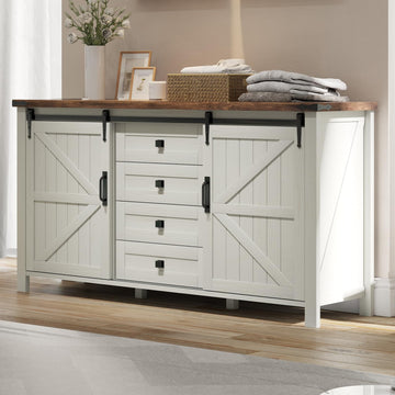 60" Farmhouse 4-Drawer with Barn Doors, Rustic White