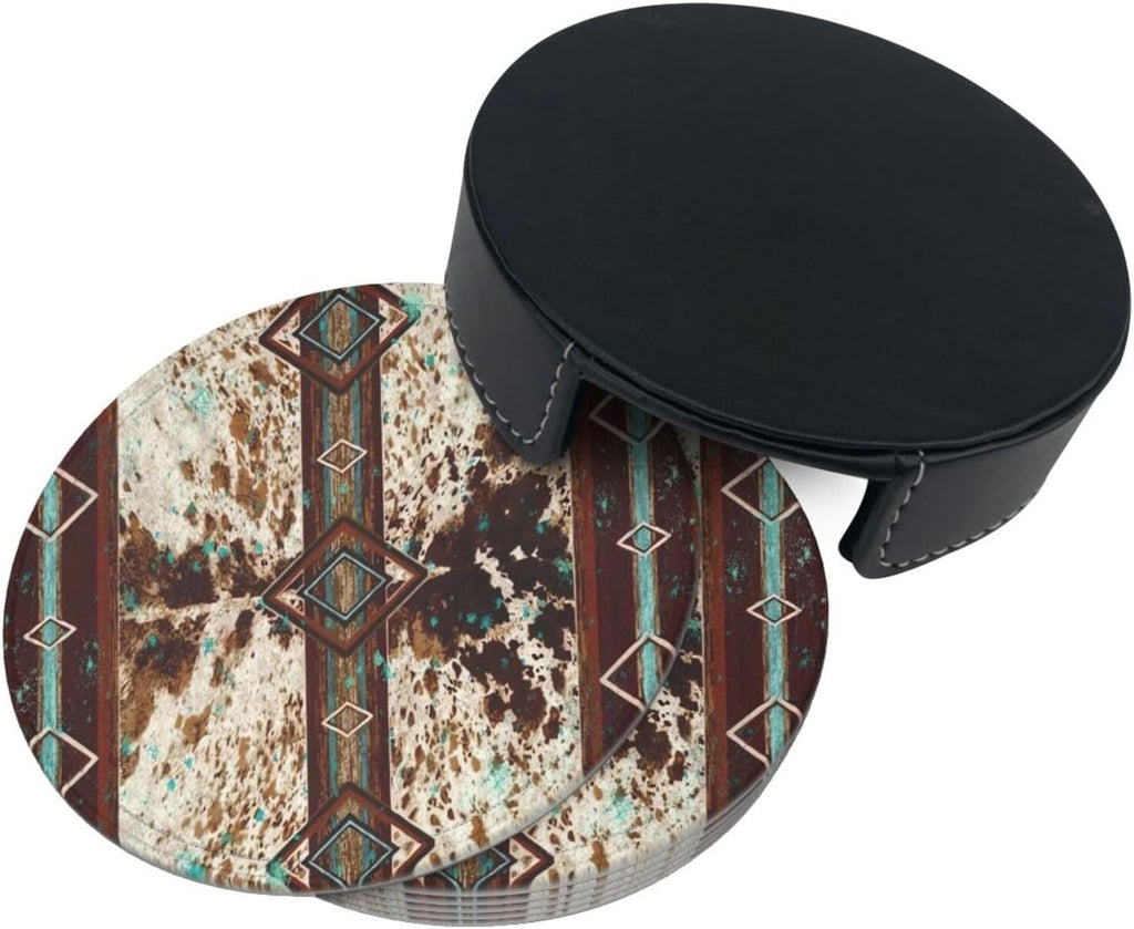 Cowhide Print Western Leather Coasters for Drinks with Holder Coaster Sets Drink Table Cup Coasters Kitchen - Set of 6