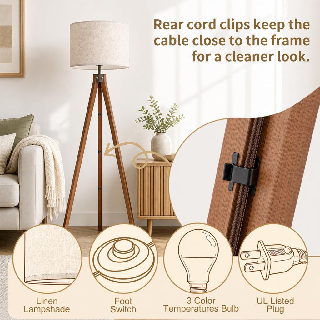 Wood Tripod Floor Lamp, 3 Color Temperatures
