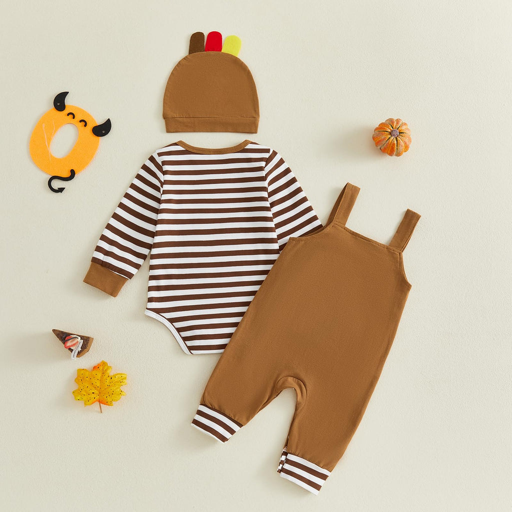 Newborn Baby Boy First Thanksgiving Outfit Stripe Long Sleeve Romper Turkey Overall Pants Hat Set 3Pcs Clothes