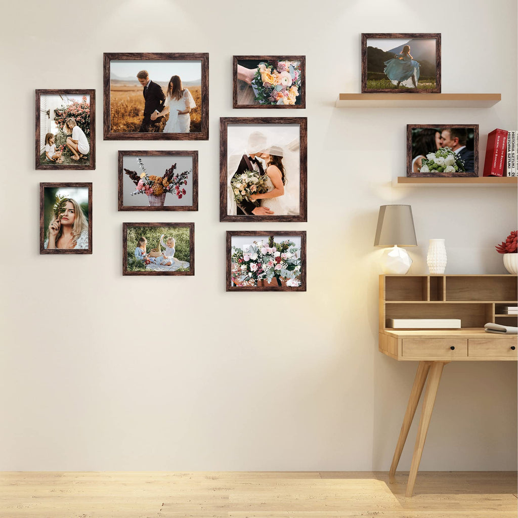 Picture Frame Set 10-Pack, Gallery Wall Frame Collage with 8x10 5x7 4x6 Frames in Brown Finishes