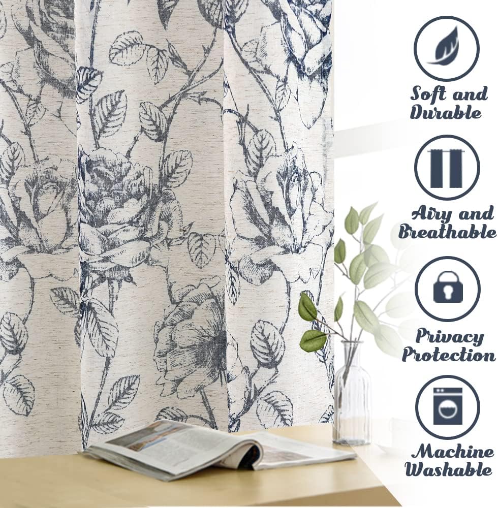 Boho Floral Linen Curtains, Semi Sheer Light Filtering Curtain, Drapes 108 Inch Length 2 Panels Set, Grommet