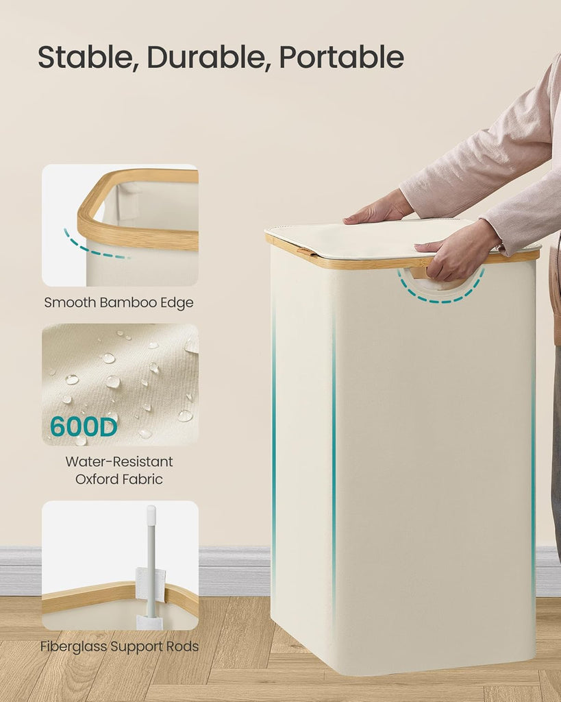 Laundry Hamper, Laundry Basket with Lid, Foldable Storage Basket, Bamboo Frame, Oxford Fabric, 37 Gal. (140 L), Cream