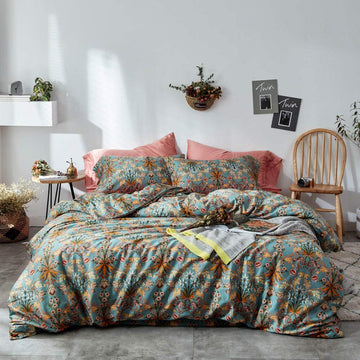 Green Gold Duvet Cover Queen, Medallion Paisley Print Bedding Set 400 Thread Count Percale Cotton Vibrant Bohemian
