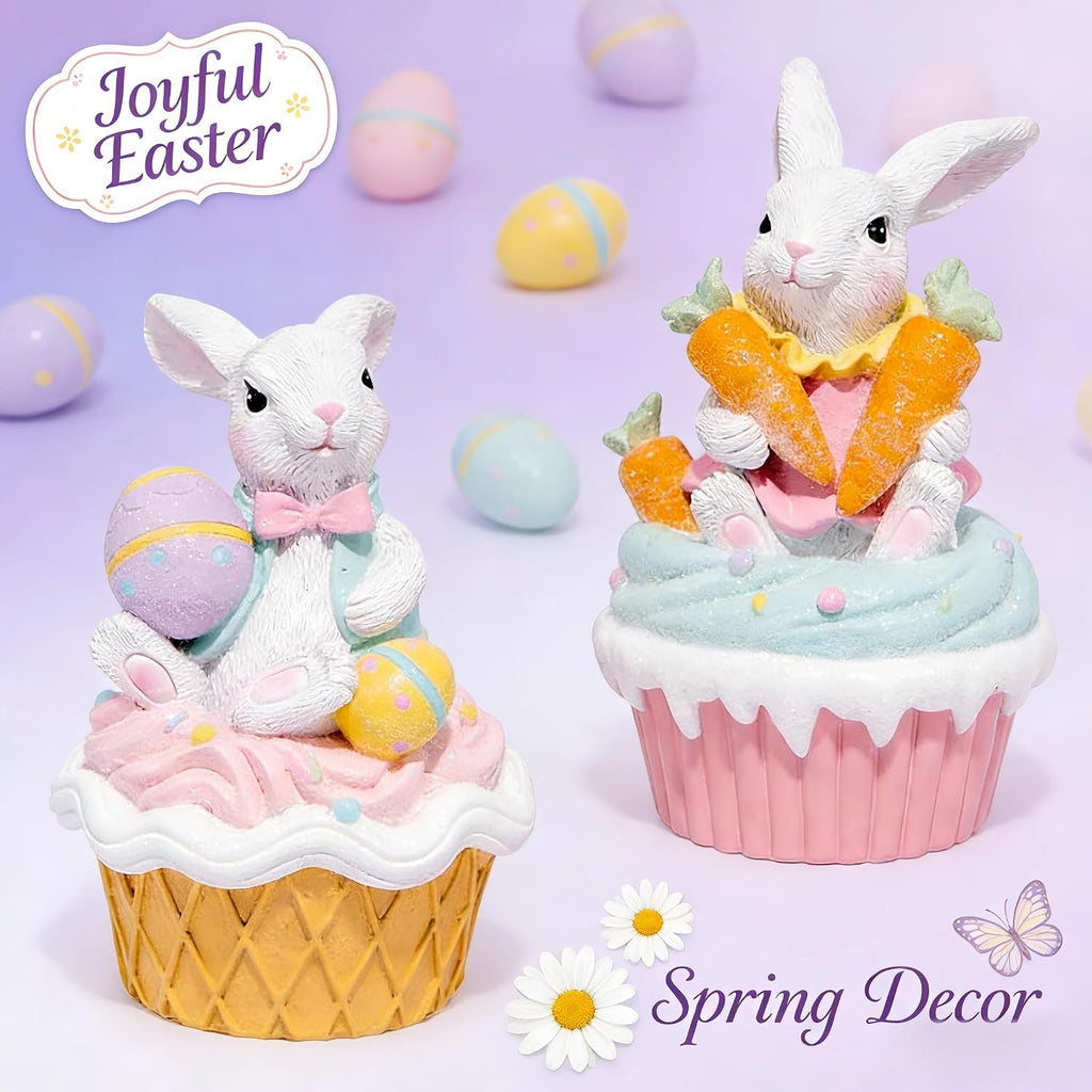 Easter Bunny Cupcake Figurines with Carrots and Eggs - Cute Spring Tabletop Decor for Easter Celebration, Decorations - Set of 2