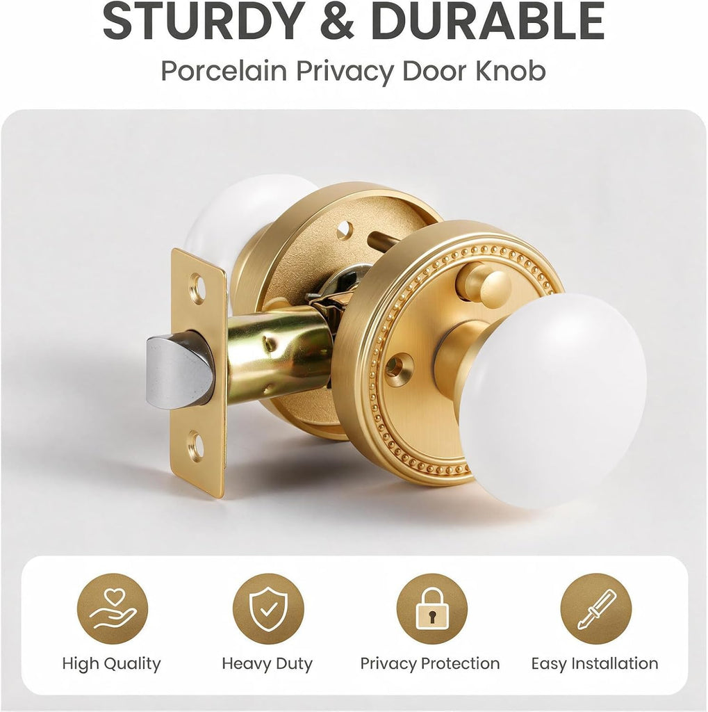 White Porcelain Door Knob with Gold Base,1 Pack