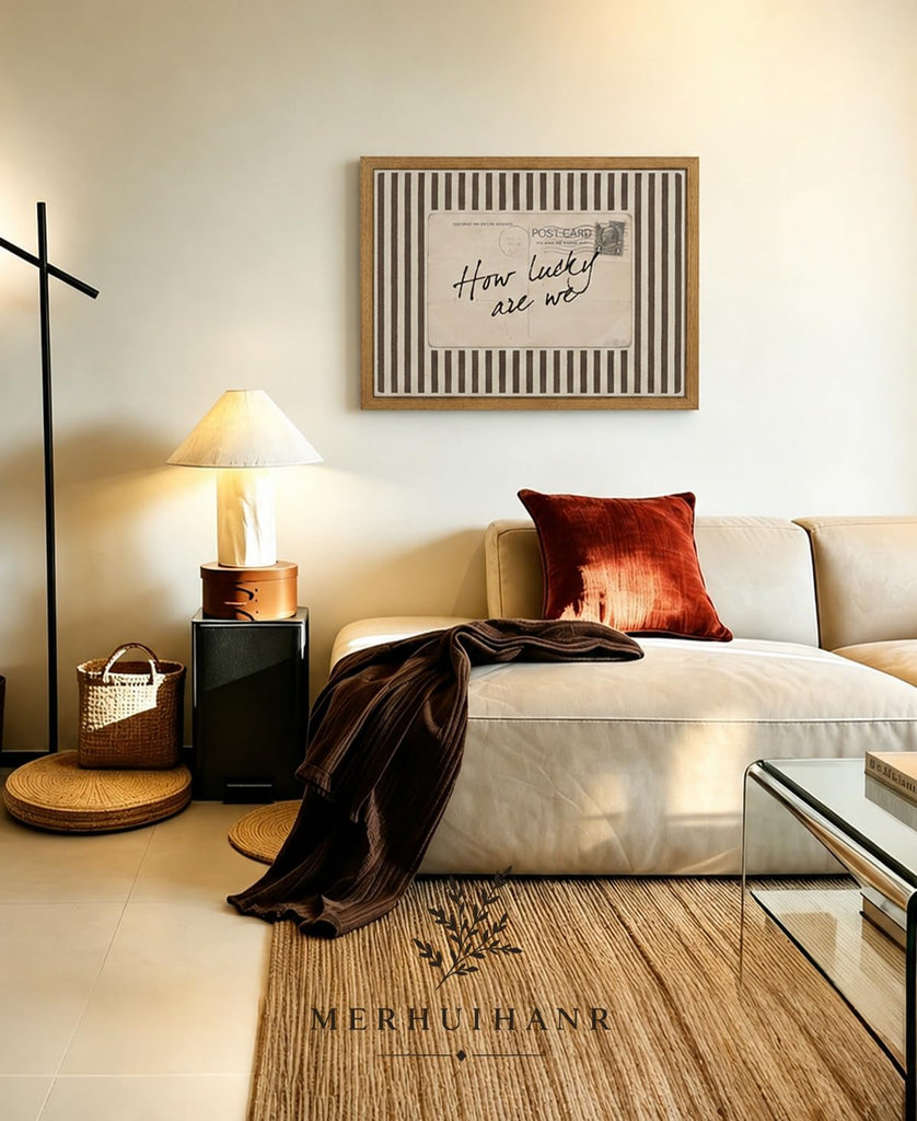 How Lucky Are We Wall Art, Wood Framed Postcard Poster with Positive Quote, Western, Old Money Brown Striped Decor