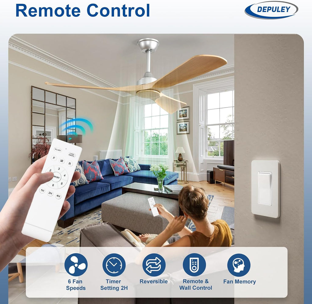 52 Inch 3 Blade Indoor Outdoor Fans for Patios - Wood Ceiling Fan No Light Remote APP Control Ultra Quiet DC Motor Reversible 6 Speed Timer A101-B0C4H65VXP