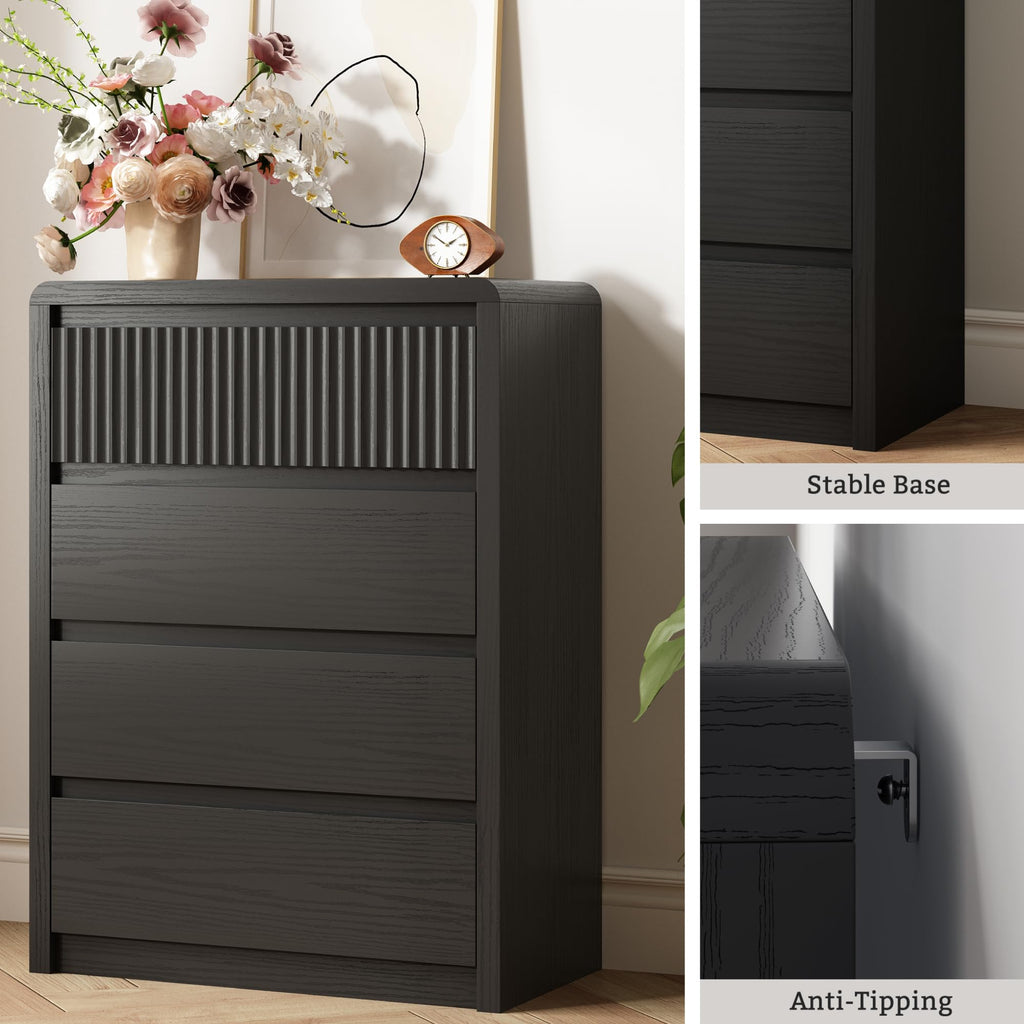 4 Drawer Dresser, 40" Tall Fluted Dresser with Curved Corners, Wood Dressers & Chests of Drawers with Dual-Panel