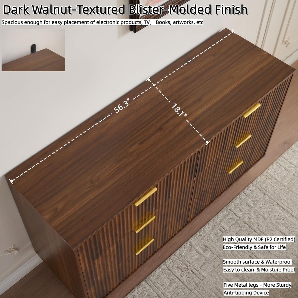Dark Walnut Fluted 6 Drawers Dresser with Gold Handle