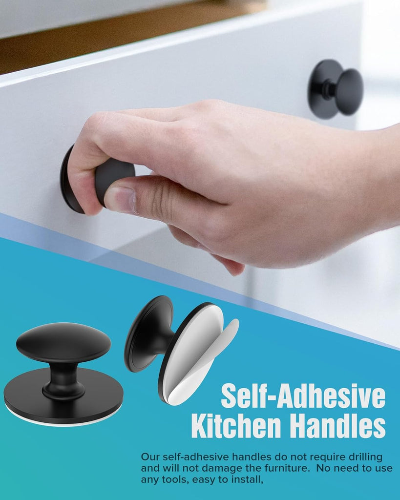 5 Pack Black Self-Adhesive Cabinet Knobs, Self-Stick Hardware Kitchen Cabinet Handles, No-Punch Peel and Stick Drawer