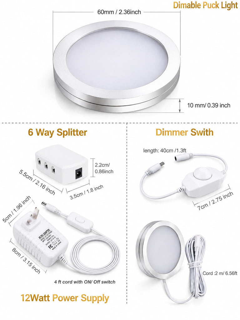 Dimmable LED Puck Lights, 6-Pack Under Cabinet Lighting Warm White