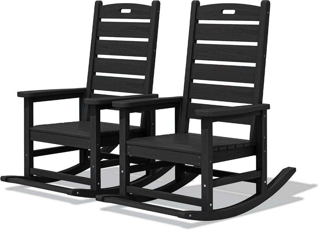 Outdoor Rocking Chair Set of 2, Oversized HDPE Rocker, Black | Heavy Duty Front Porch Rocker with Footrest, all