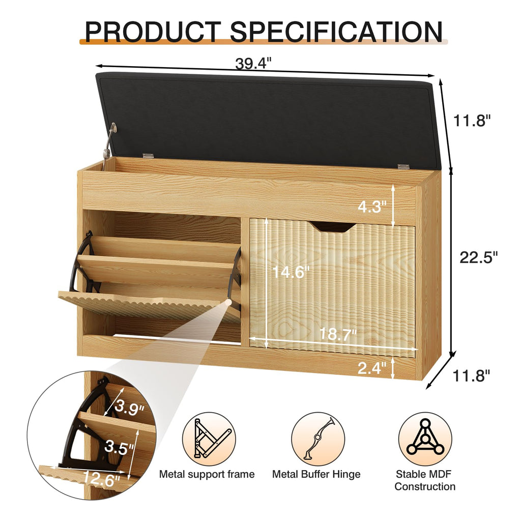 Shoe Storage Bench, 2-Tier Entryway Bench with 2 Flip, 39inches Storage Benches with Padded Cushion Hidden Shoe