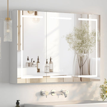 Large Medicine Cabinet, LED Lighted Medicine Cabinets with 3 Doors, Wall Mounted Bathroom Mirror with
