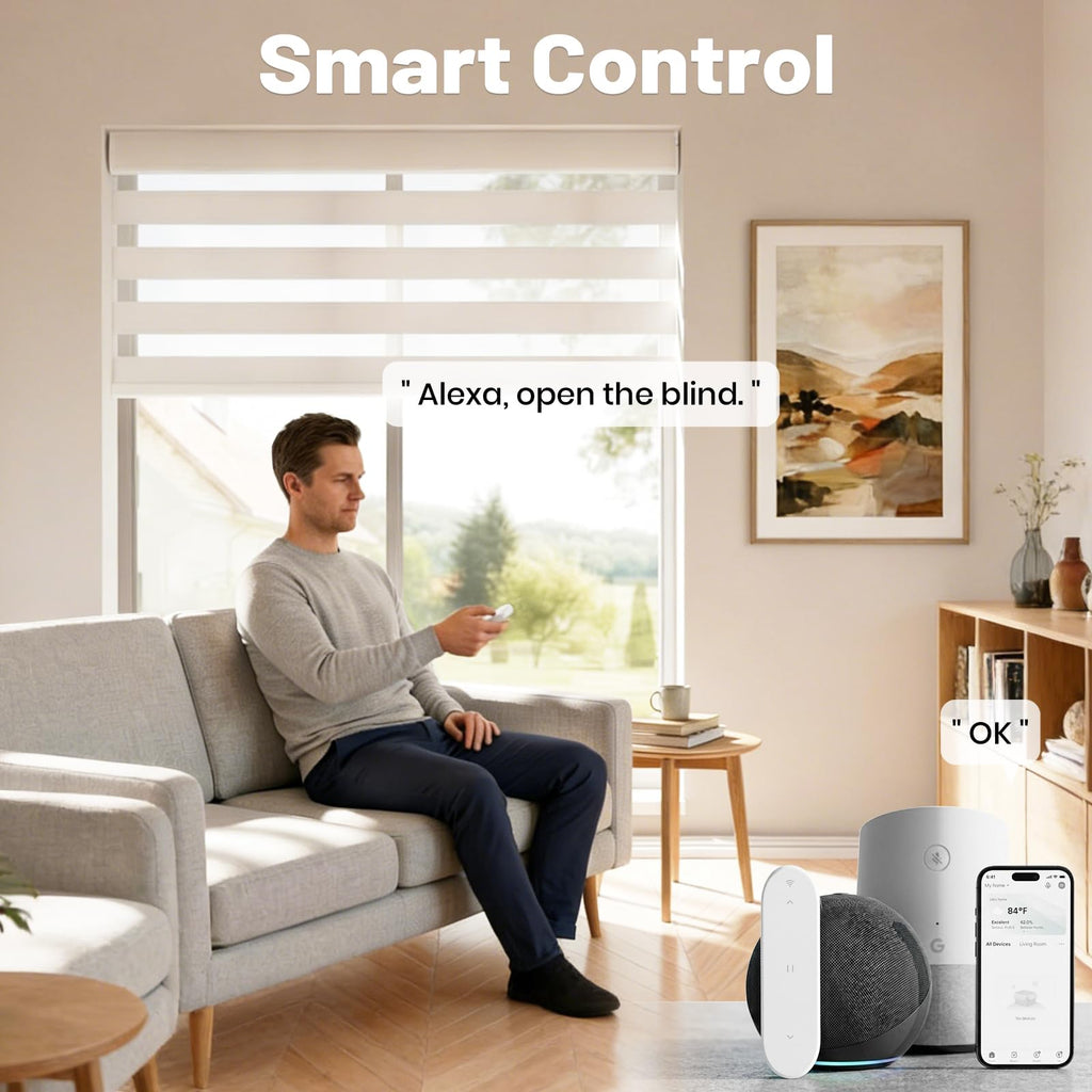 Motorized Blinds with Remote, Cordless Automatic Zebra Shades, Smart Blind for Windows, White