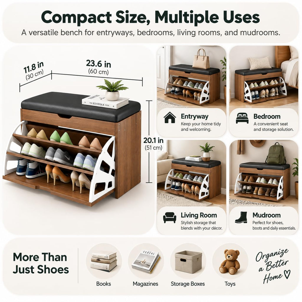 Wood Shoe Storage Bench with Cushion, Flip-up Drawer