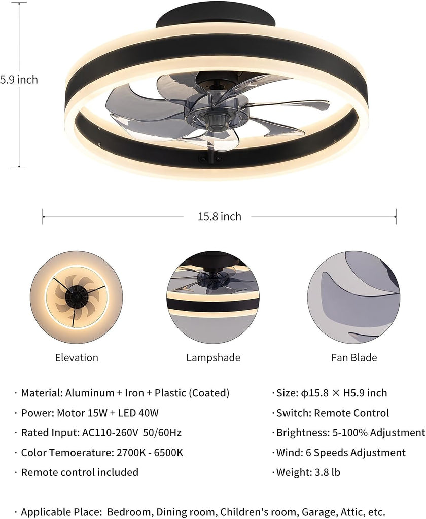 15.8" Low Profile LED Ceiling Fans with Light, Reversible Flush Mount with Remote and 6 Winds Speeds Fan Lighting