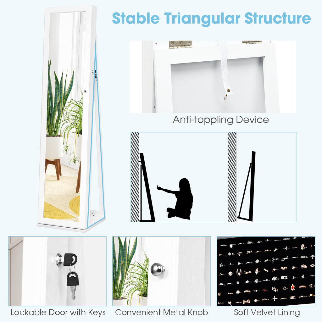 Jewelry Cabinet with Full-length Mirror, Jewelry Storage Organizer with Makeup Mirror, Back Storage Shelf, Lockable