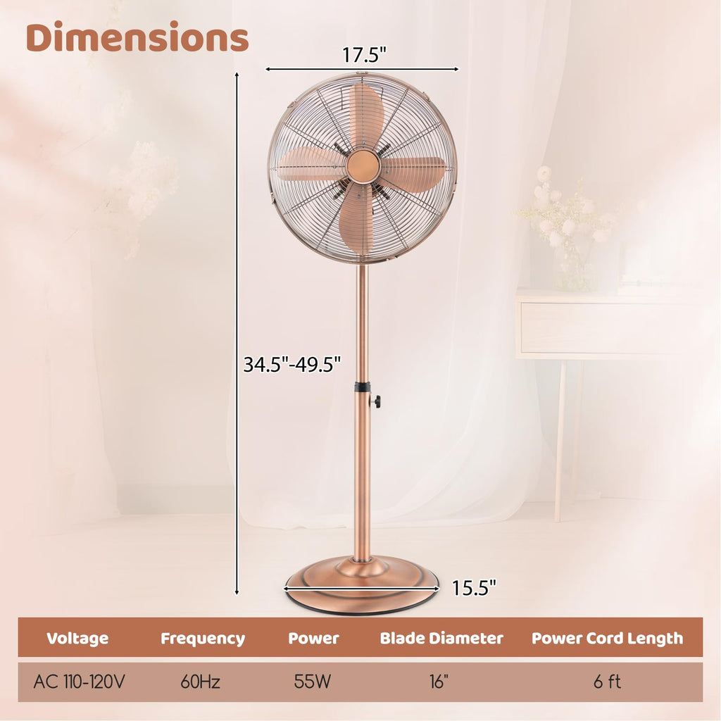 16-Inch Metal Pedestal Fan, Industrial Metal Standing Fan with Adjustable Height, 3 Speeds, 75° Oscillation & 20°