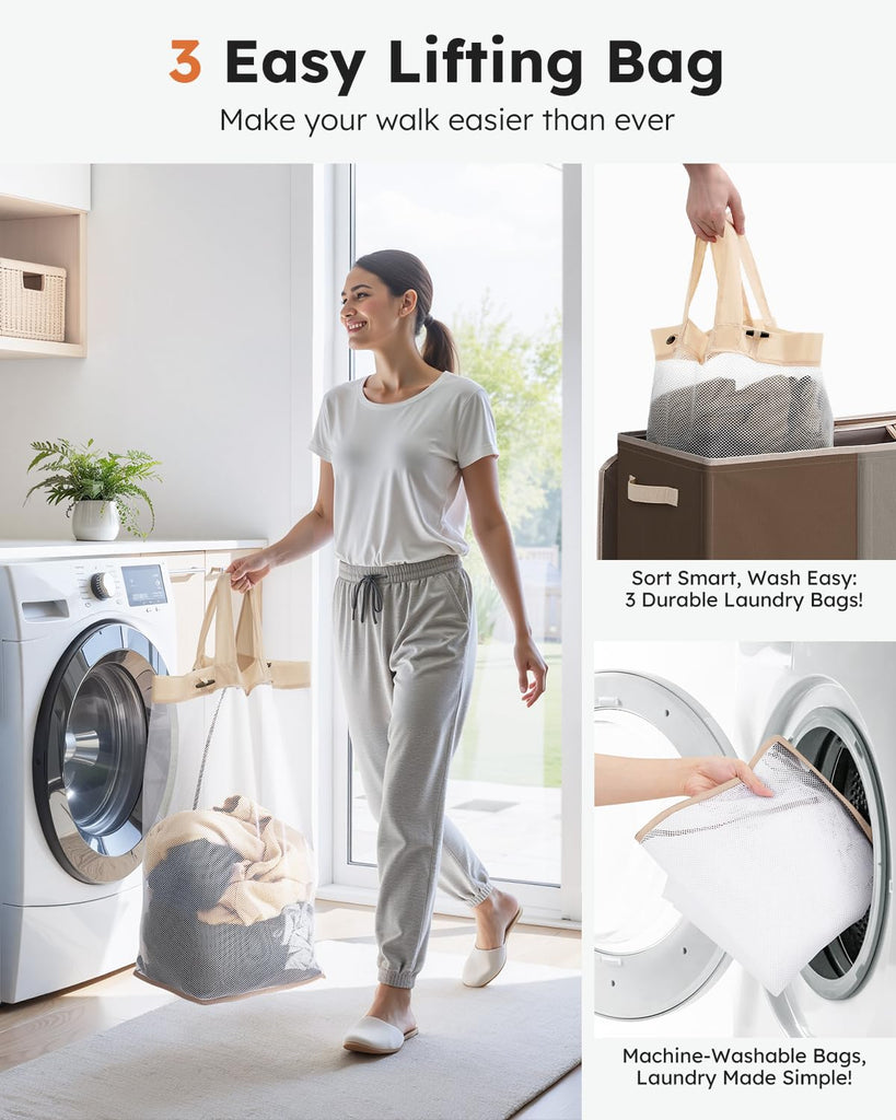 180L 3-Section Laundry Hamper with Lid, Extra Large Dirty Clothes Basket with Sturdy Handles for Laundry Room &