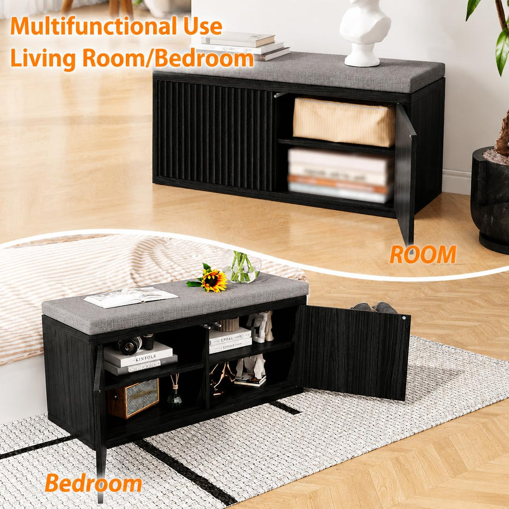 Shoe Bench with Cushion & Push-Open Doors, Double-Layered Storage, Black