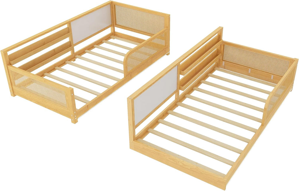 L-Shaped Double Twin Size Pine Wooden Floor Bed Frame with Bookshelves & Whiteboards, for 2, Detachable 2 in 1 Low