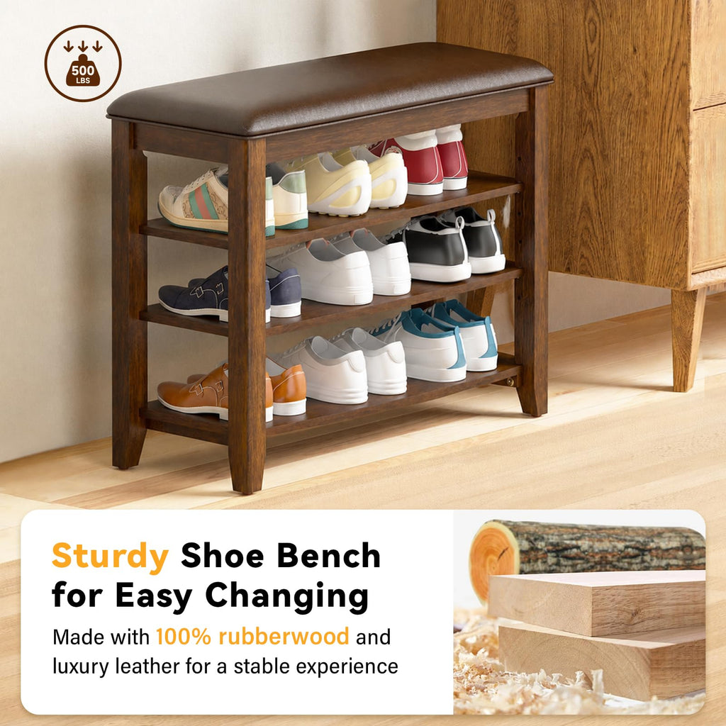 Shoe Bench with 3 Tier Adjustable Shelves Rubberwood Entryway 23.6''