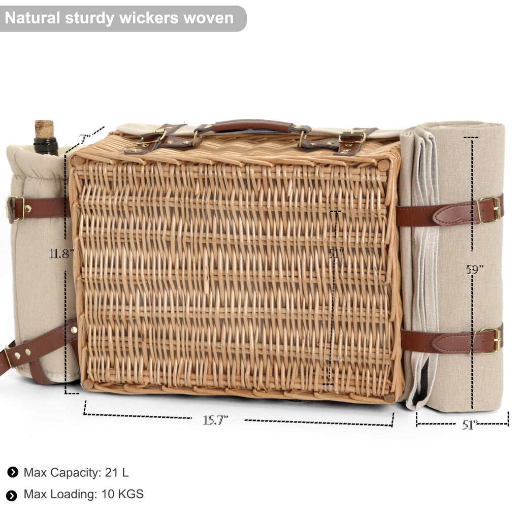 Multifunctional Wicker Picnic Basket Set for 2 with Blanket and Picnic Table, Insulated Picnic Set with Full