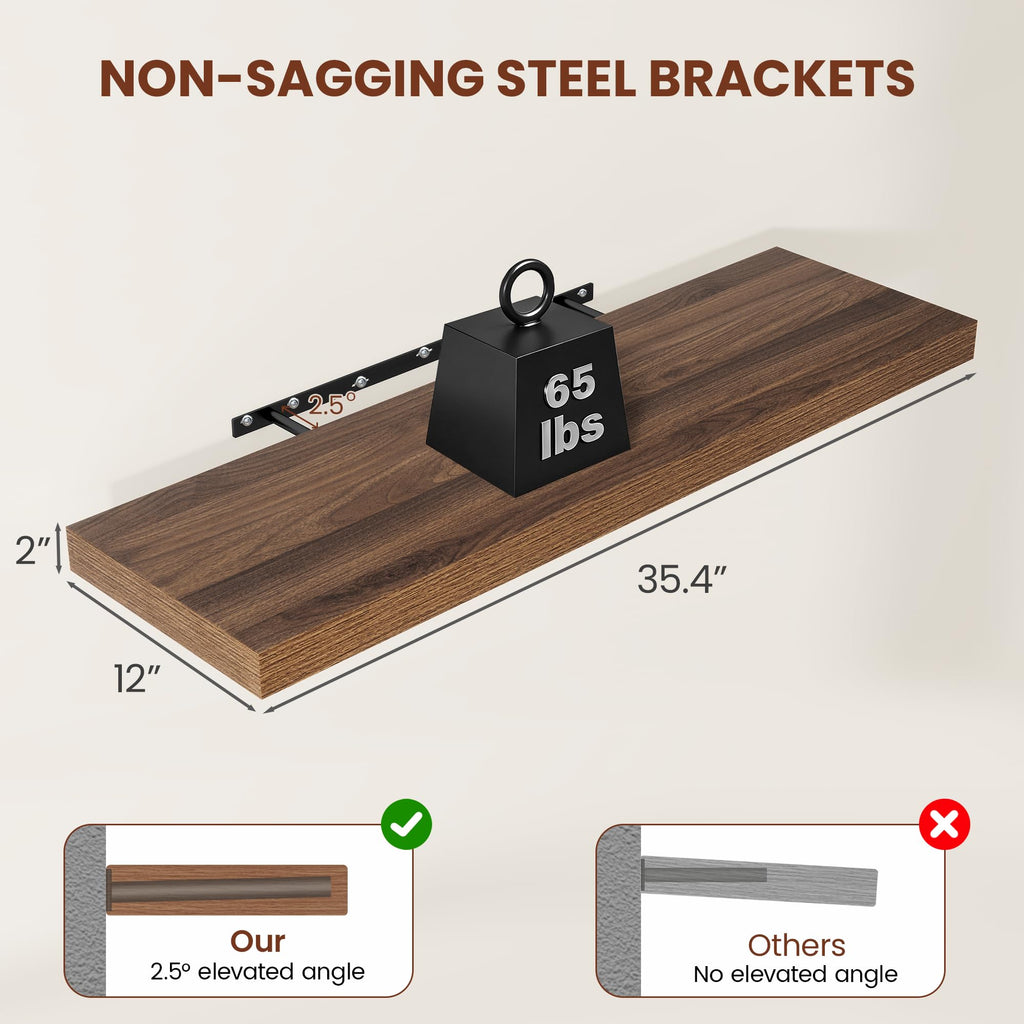Walnut Floating Shelves for Wall 12 Inch Deep, 36" X 12" X 2" Floating Shelf, 2 Inch Thick Shelf Bathroom Bedroom