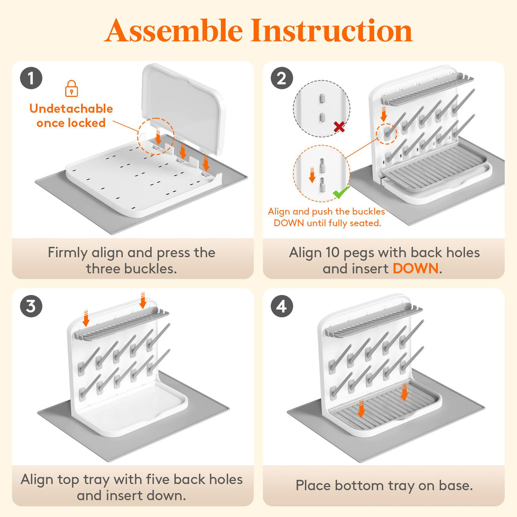 10-Hooks Baby Bottle Drying Rack with Drain Mat for Countertop