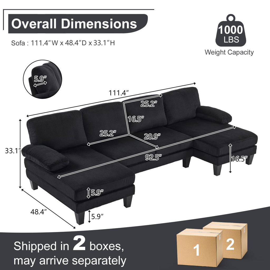 Compact U-Shape Sectional Sofa Couch 111" 4-Seat Black