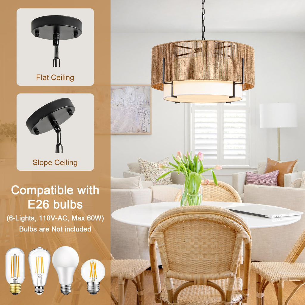 25.6" Large Rattan Chandelier, 6-Light Boho Pendant Light