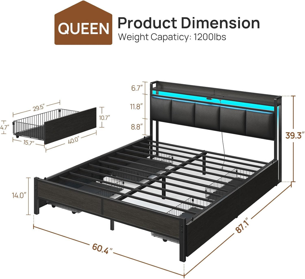 Bed Frame Queen with Charging Station and LED Lights, Upholstered Storage Headboard with Drawers