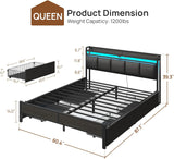 Bed Frame Queen with Charging Station and LED Lights, Upholstered Storage Headboard with Drawers