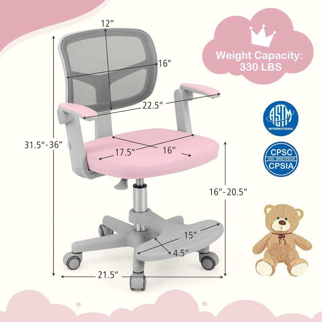 Kids Desk Chair, Children Study Chair with Adjustable Height/Armrest/Footrest, Swivel Rolling Mesh Task Student